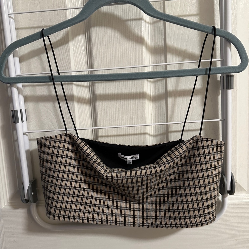 reformation tan and black plaid spaghetti strap crop top